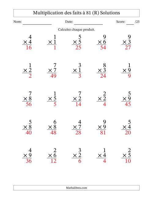 Multiplication des faits à 81 (25 Questions) (Pas de zéros) (R) page 2