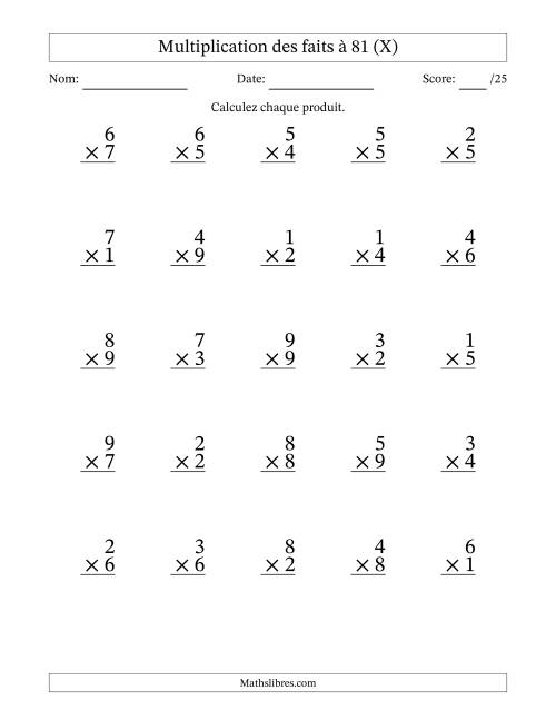 Multiplication des faits à 81 (25 Questions) (Pas de zéros) (X)