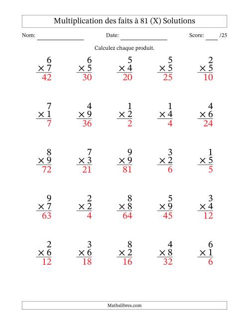 Multiplication des faits à 81 (25 Questions) (Pas de zéros) (X) page 2