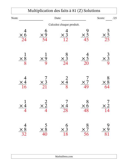 Multiplication des faits à 81 (25 Questions) (Pas de zéros) (Z) page 2