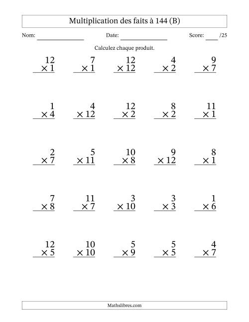 Multiplication des faits à 144 (25 Questions) (Pas de zéros) (B)