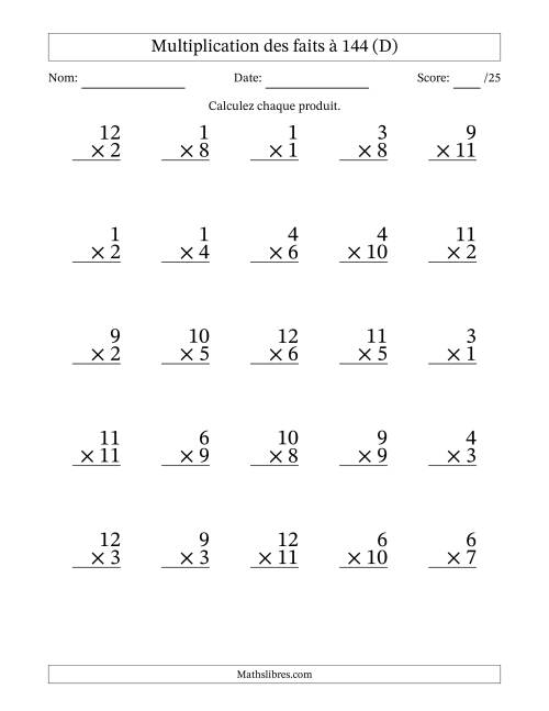 Multiplication des faits à 144 (25 Questions) (Pas de zéros) (D)