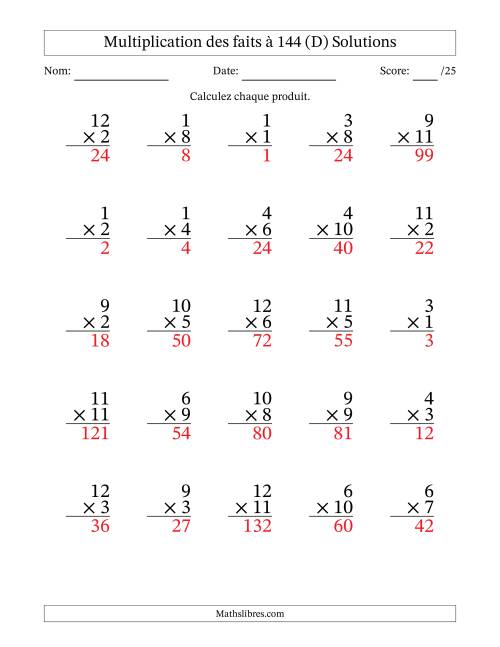 Multiplication des faits à 144 (25 Questions) (Pas de zéros) (D) page 2