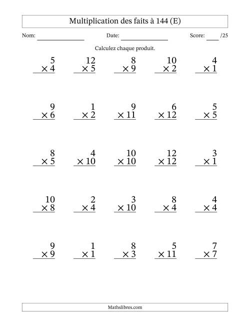 Multiplication des faits à 144 (25 Questions) (Pas de zéros) (E)