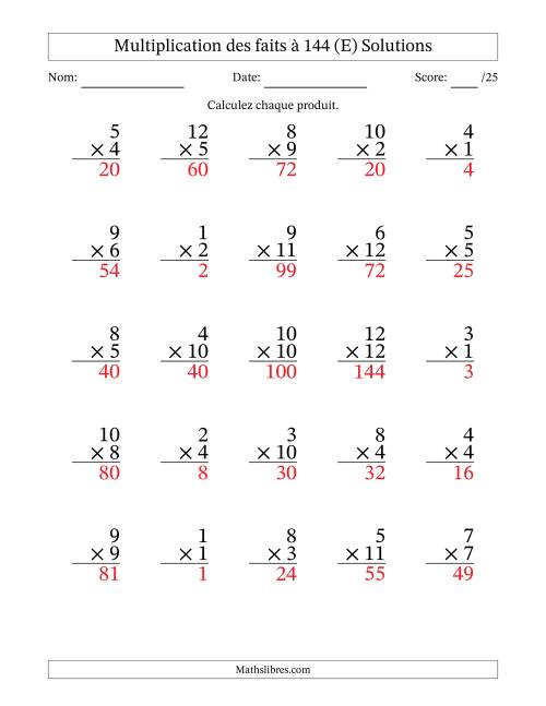 Multiplication des faits à 144 (25 Questions) (Pas de zéros) (E) page 2