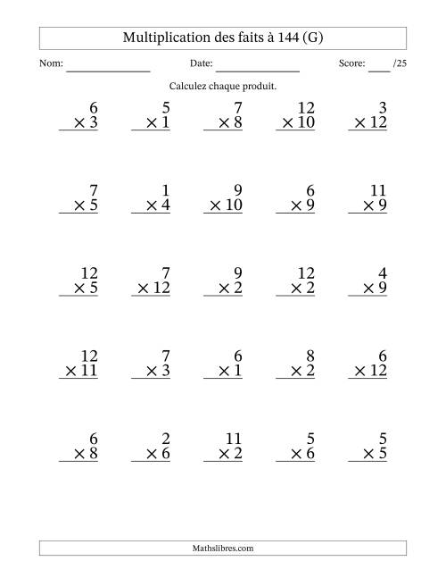 Multiplication des faits à 144 (25 Questions) (Pas de zéros) (G)
