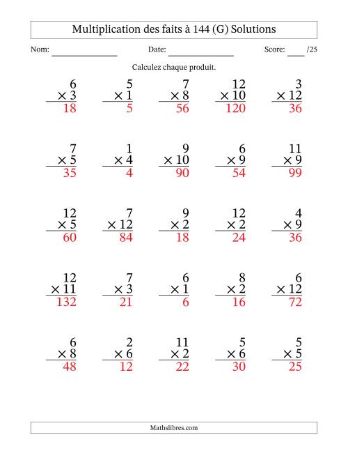 Multiplication des faits à 144 (25 Questions) (Pas de zéros) (G) page 2