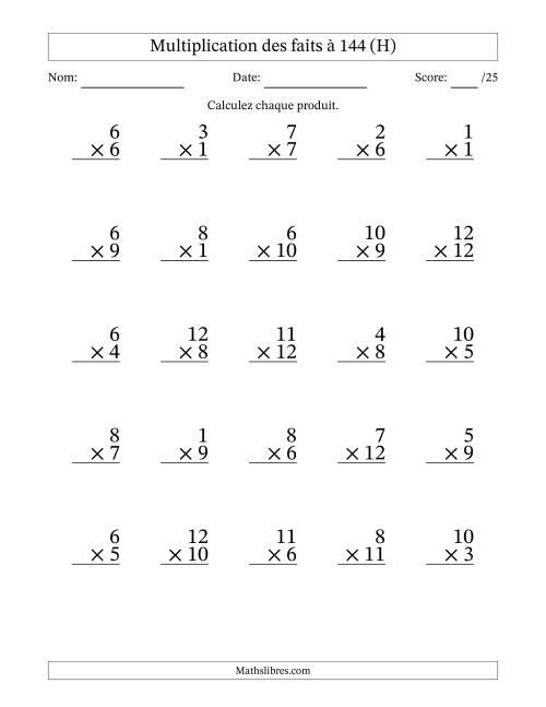Multiplication des faits à 144 (25 Questions) (Pas de zéros) (H)