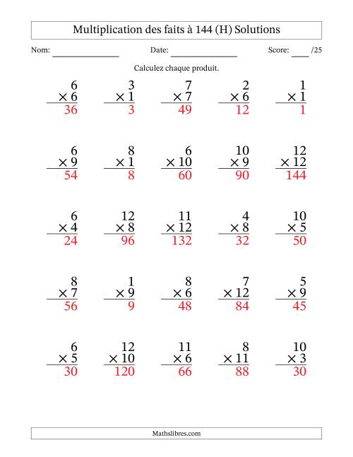 Multiplication des faits à 144 (25 Questions) (Pas de zéros) (H) page 2