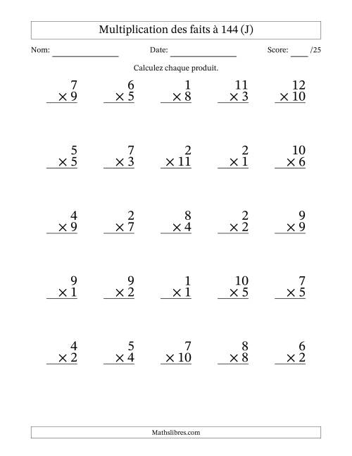 Multiplication des faits à 144 (25 Questions) (Pas de zéros) (J)