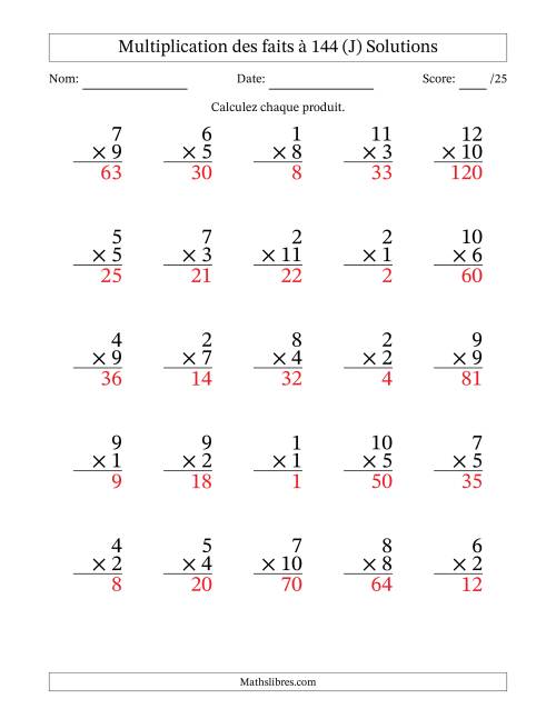 Multiplication des faits à 144 (25 Questions) (Pas de zéros) (J) page 2