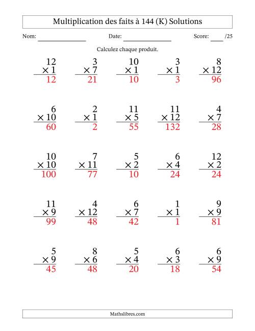 Multiplication des faits à 144 (25 Questions) (Pas de zéros) (K) page 2
