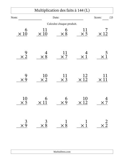 Multiplication des faits à 144 (25 Questions) (Pas de zéros) (L)