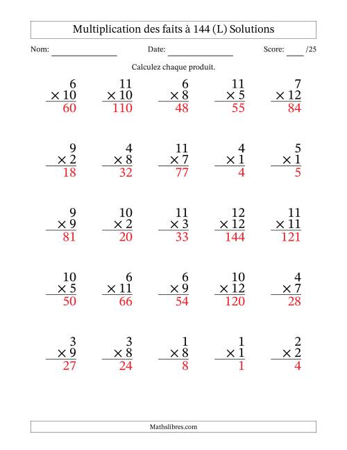Multiplication des faits à 144 (25 Questions) (Pas de zéros) (L) page 2