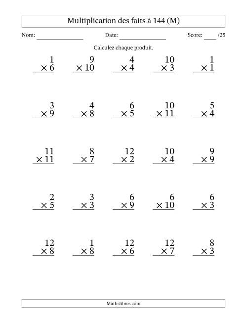 Multiplication des faits à 144 (25 Questions) (Pas de zéros) (M)