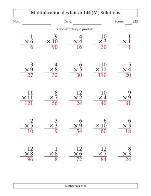 Multiplication des faits à 144 (25 Questions) (Pas de zéros) (M) page 2