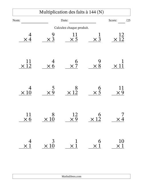 Multiplication des faits à 144 (25 Questions) (Pas de zéros) (N)
