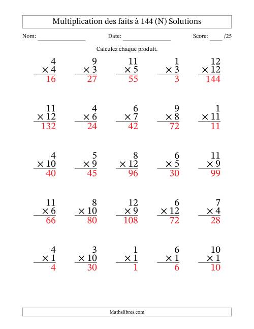Multiplication des faits à 144 (25 Questions) (Pas de zéros) (N) page 2