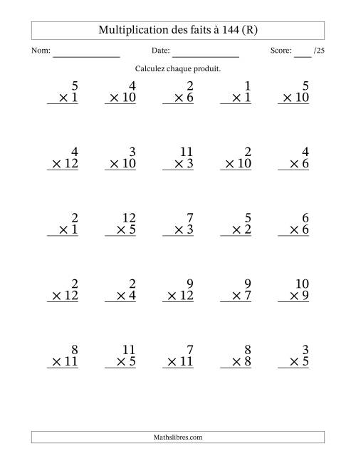 Multiplication des faits à 144 (25 Questions) (Pas de zéros) (R)