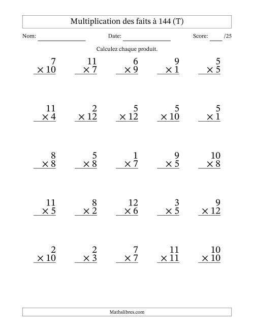 Multiplication des faits à 144 (25 Questions) (Pas de zéros) (T)