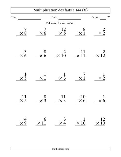 Multiplication des faits à 144 (25 Questions) (Pas de zéros) (X)