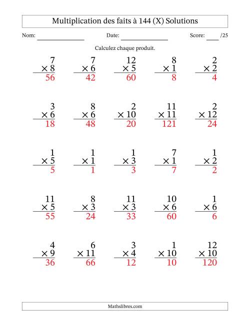 Multiplication des faits à 144 (25 Questions) (Pas de zéros) (X) page 2