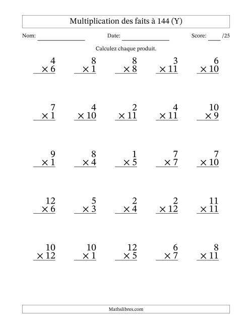Multiplication des faits à 144 (25 Questions) (Pas de zéros) (Y)