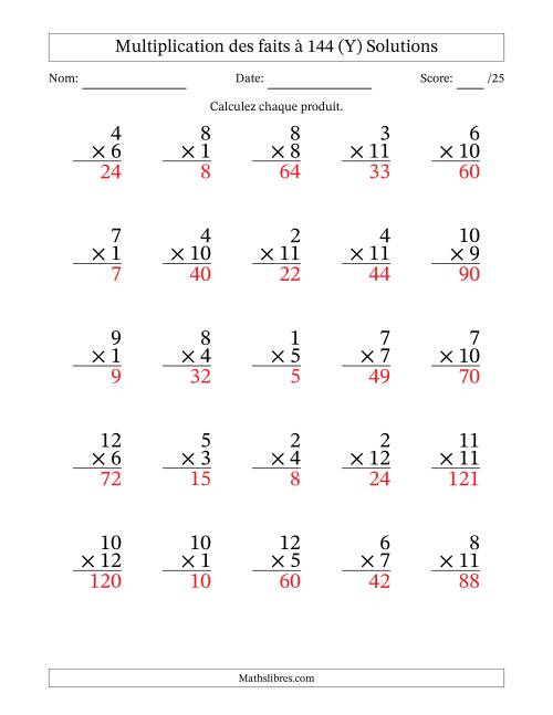Multiplication des faits à 144 (25 Questions) (Pas de zéros) (Y) page 2