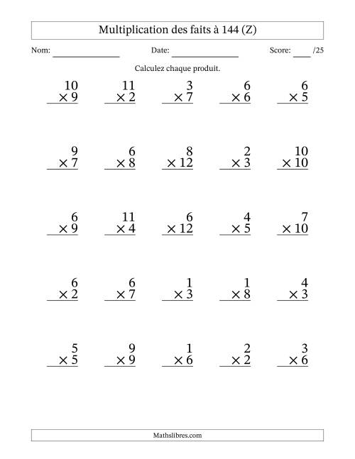 Multiplication des faits à 144 (25 Questions) (Pas de zéros) (Z)