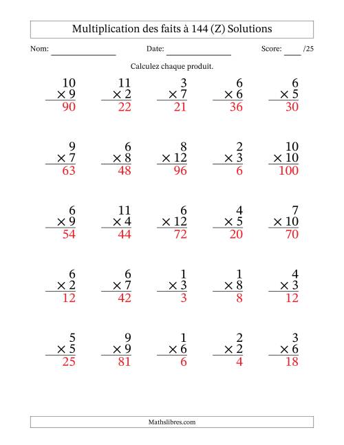Multiplication des faits à 144 (25 Questions) (Pas de zéros) (Z) page 2