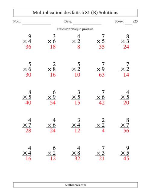 Multiplication des faits à 81 (25 Questions) (Pas de zéros ni de uns) (B) page 2
