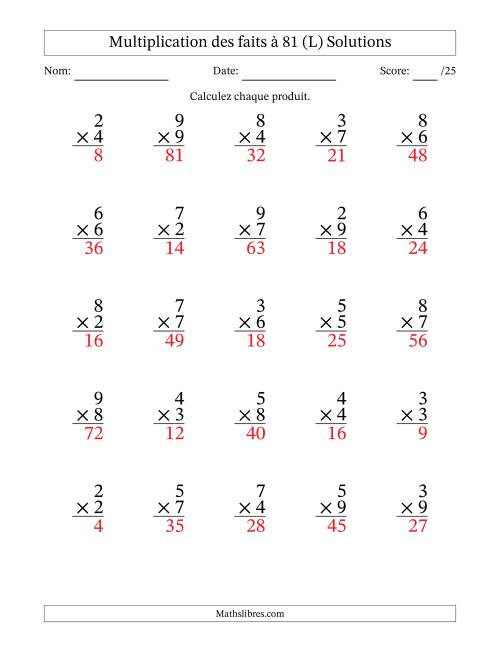 Multiplication des faits à 81 (25 Questions) (Pas de zéros ni de uns) (L) page 2