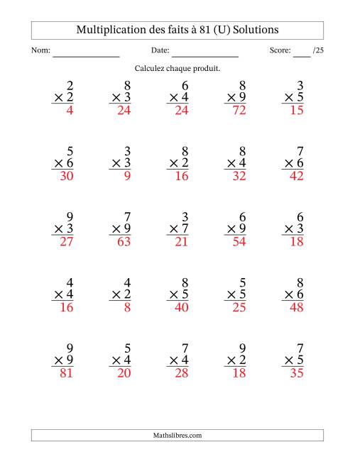 Multiplication des faits à 81 (25 Questions) (Pas de zéros ni de uns) (U) page 2
