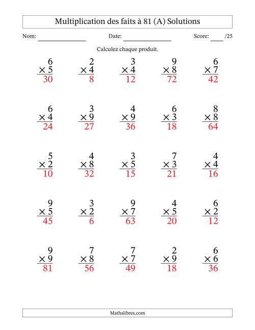 Multiplication des faits à 81 (25 Questions) (Pas de zéros ni de uns) (Tout) page 2