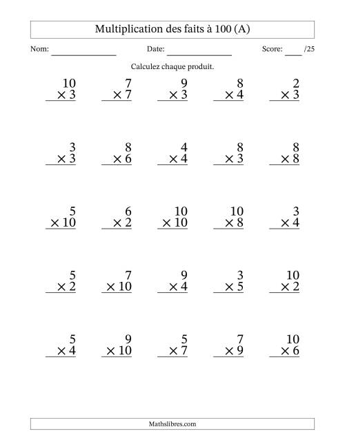 Multiplication des faits à 100 (25 Questions) (Pas de zéros ni de uns) (A)