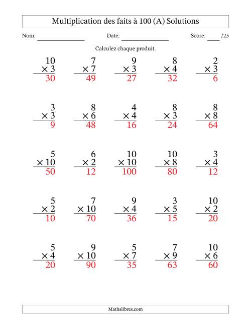 Multiplication des faits à 100 (25 Questions) (Pas de zéros ni de uns) (A) page 2