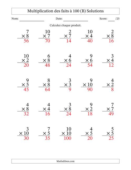 Multiplication des faits à 100 (25 Questions) (Pas de zéros ni de uns) (B) page 2