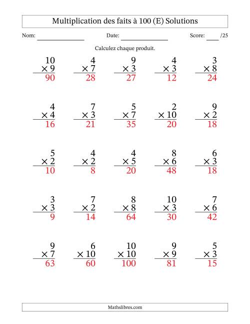 Multiplication des faits à 100 (25 Questions) (Pas de zéros ni de uns) (E) page 2