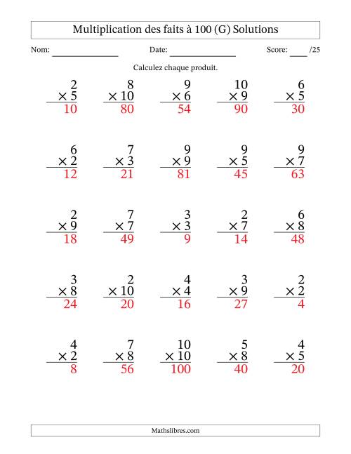 Multiplication des faits à 100 (25 Questions) (Pas de zéros ni de uns) (G) page 2