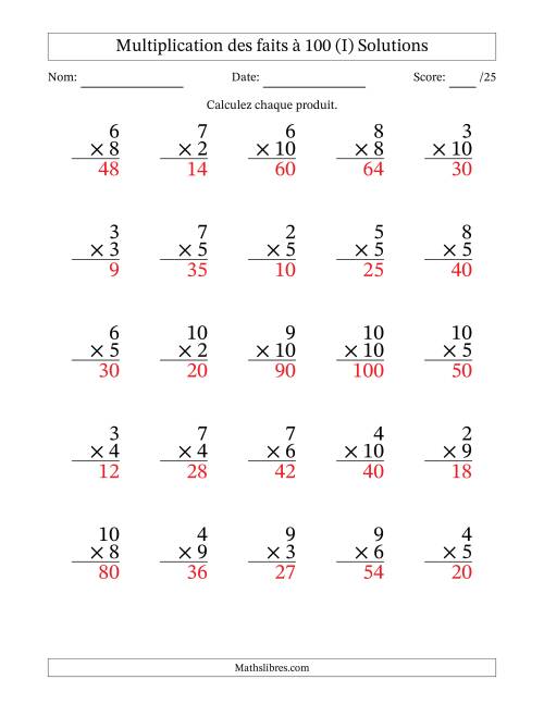 Multiplication des faits à 100 (25 Questions) (Pas de zéros ni de uns) (I) page 2