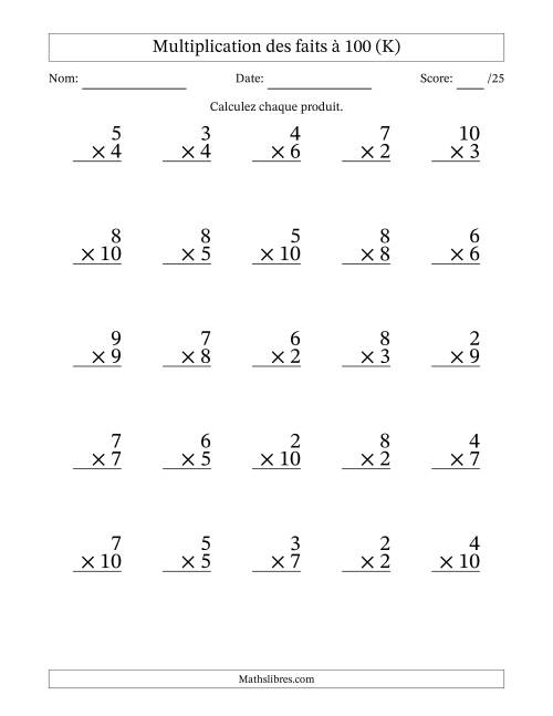 Multiplication des faits à 100 (25 Questions) (Pas de zéros ni de uns) (K)