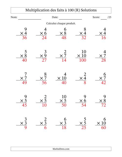 Multiplication des faits à 100 (25 Questions) (Pas de zéros ni de uns) (R) page 2