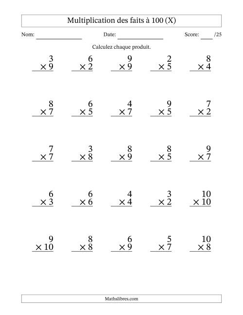 Multiplication des faits à 100 (25 Questions) (Pas de zéros ni de uns) (X)
