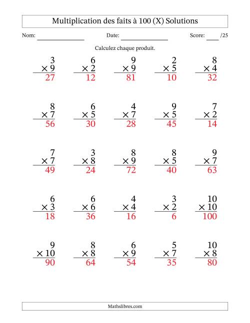 Multiplication des faits à 100 (25 Questions) (Pas de zéros ni de uns) (X) page 2
