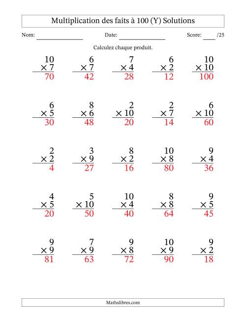 Multiplication des faits à 100 (25 Questions) (Pas de zéros ni de uns) (Y) page 2