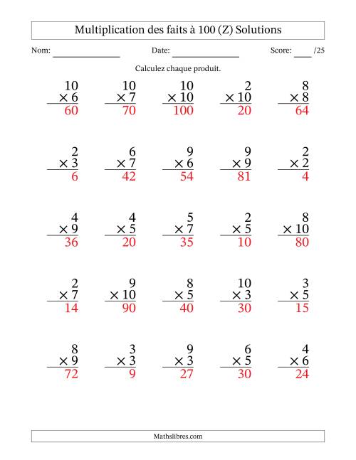 Multiplication des faits à 100 (25 Questions) (Pas de zéros ni de uns) (Z) page 2