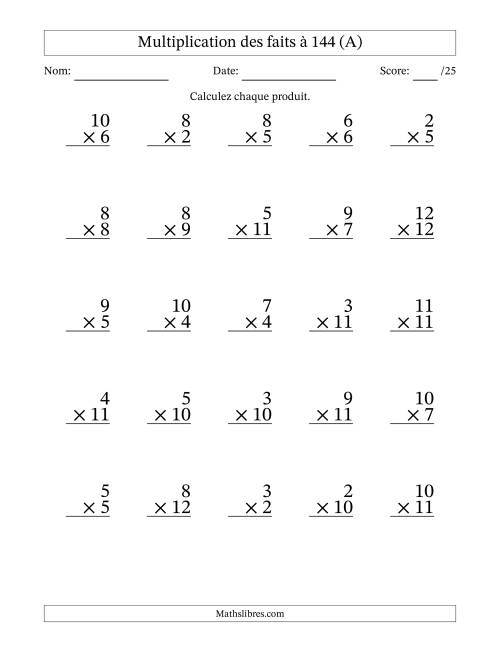 Multiplication des faits à 144 (25 Questions) (Pas de zéros ni de uns) (A)