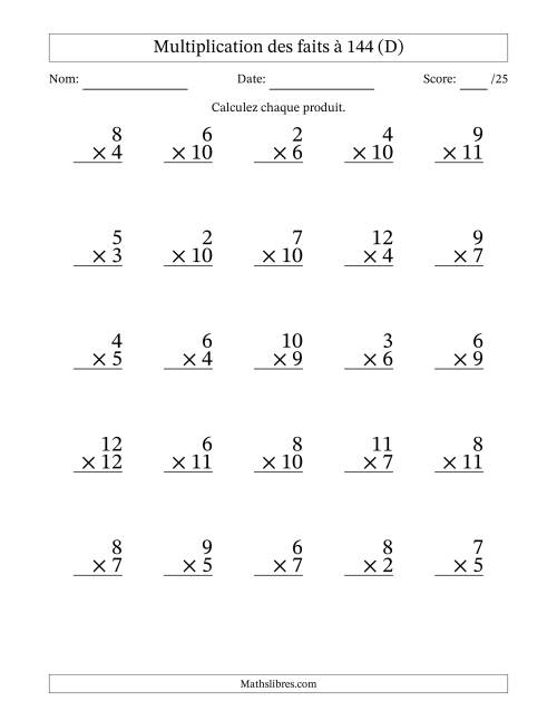 Multiplication des faits à 144 (25 Questions) (Pas de zéros ni de uns) (D)