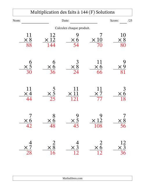 Multiplication des faits à 144 (25 Questions) (Pas de zéros ni de uns) (F) page 2