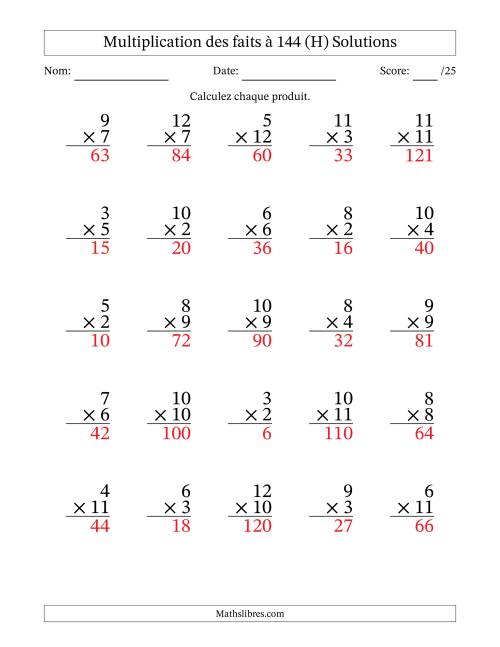 Multiplication des faits à 144 (25 Questions) (Pas de zéros ni de uns) (H) page 2